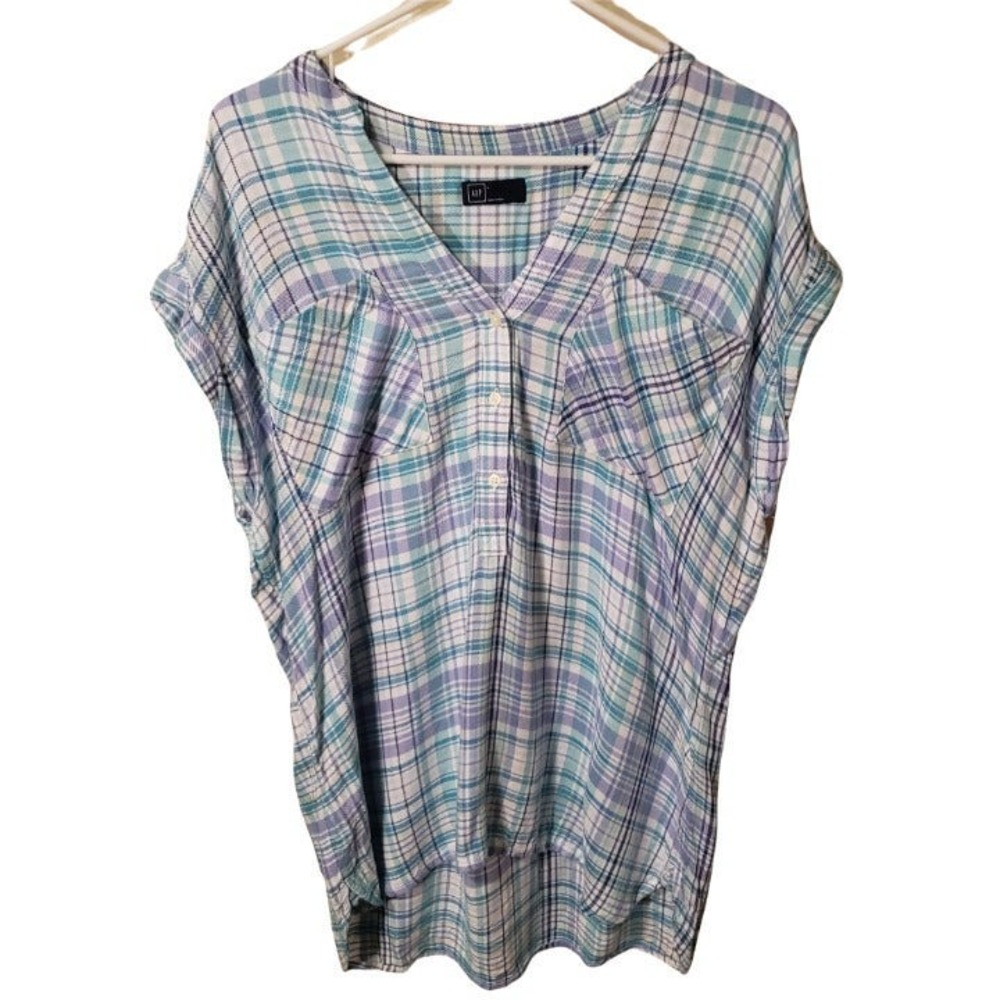GAP Women's Plaid V-Neck Blouse Size Large Blue Purple Short Sleeve Casual Shirt